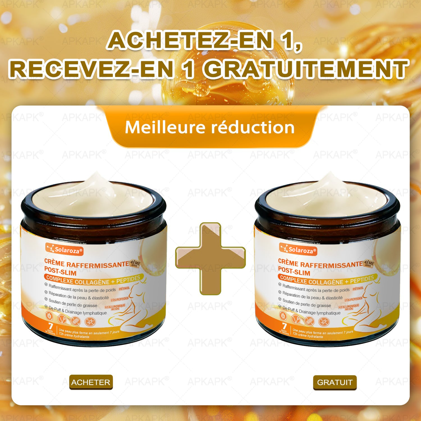 Boutique Officielle | Solaroza® Crème Raffermissante Post-Amincissement avec GHK-Cu, Argireline & Matrixyl 3000, peptides de collagène et actifs raffermissants pour cibler la peau relâchée et affaissée après une perte de poids.