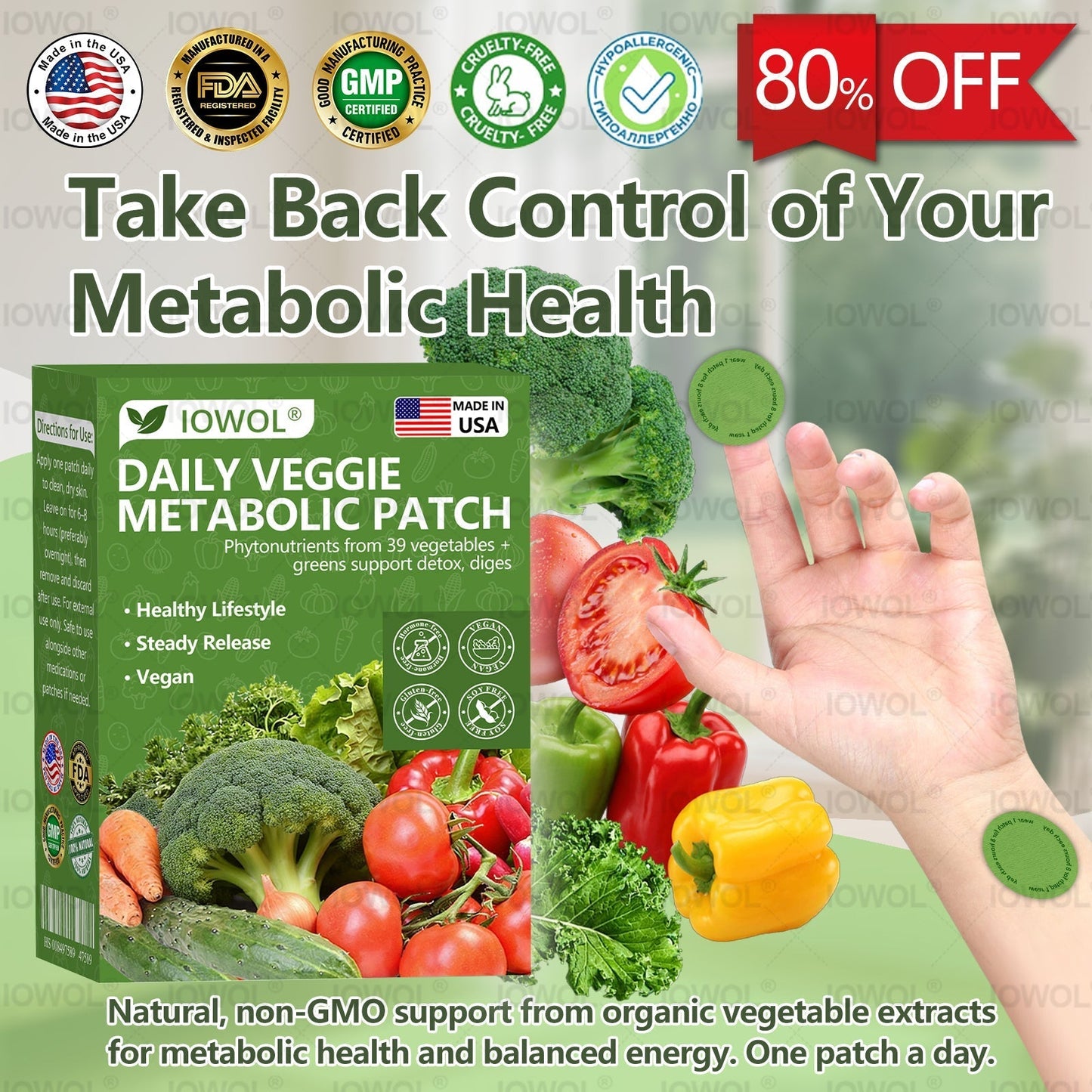 🥦IOWOL® | Patchs Métabolisme Bio-Nutriments – Complexe 39 Légumes & Super-aliments