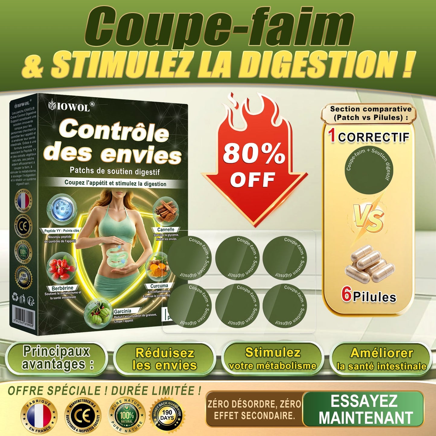 IOWOL® PATCHS DE CONTRÔLE DE L'APPÉTIT ! AUCUN MÉDICAMENT & AUCUN FAIM & AUCUN COMBAT & 100% DE RÉSULTATS.