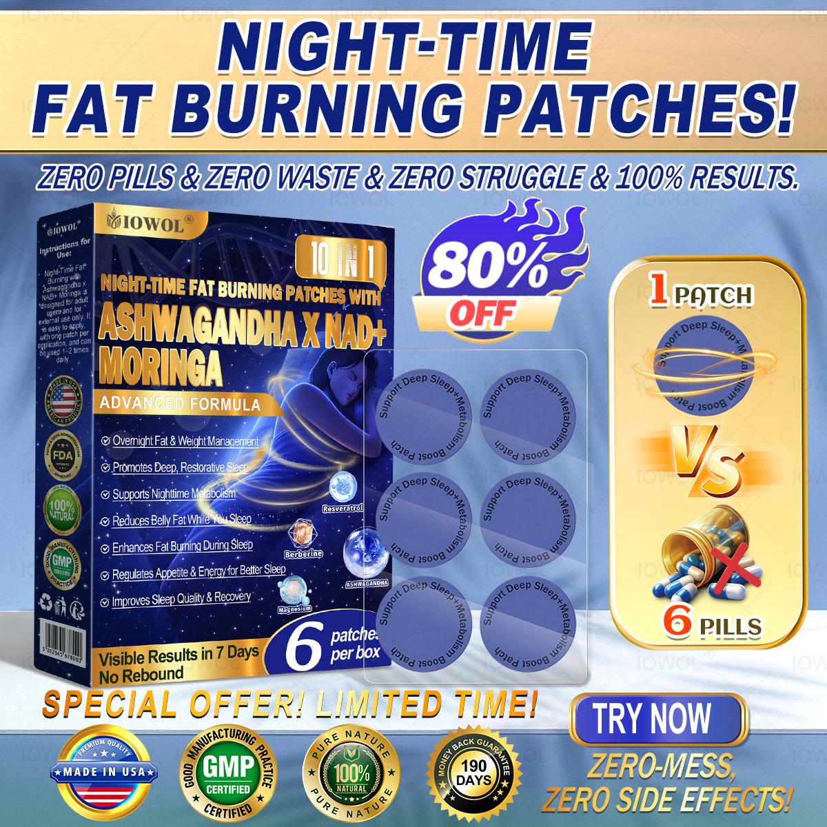IOWOL® NIGHT-TIME FAT BURNING PATCHES! ZERO PILLS & ZERO WASTE & ZERO STRUGGLE & 100% RESULTS.
